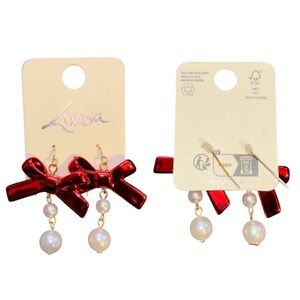Lovisa Red Bow & Faux Pearl Drop Earrings – New With Tags